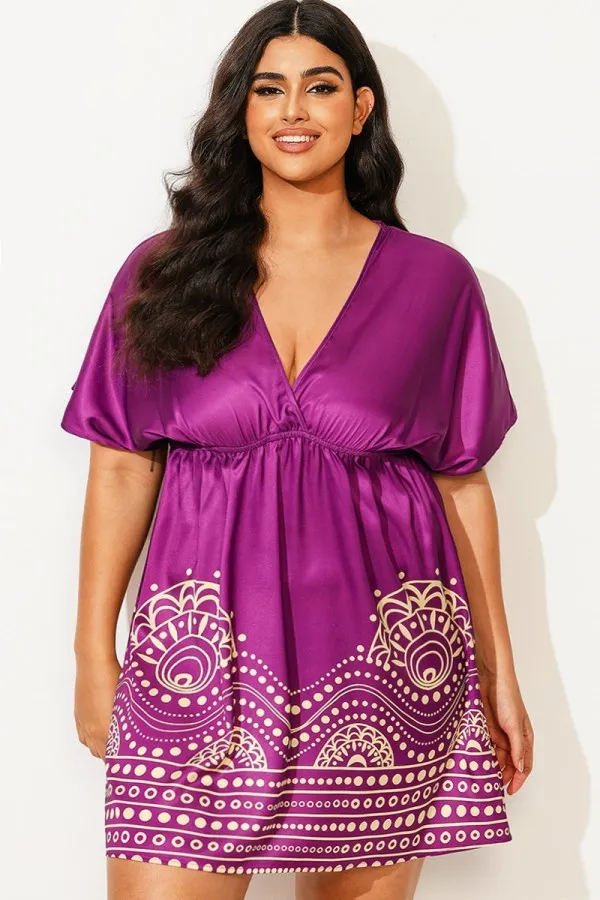 Purple Elastic Waistband V-Neck Cover Up Dress