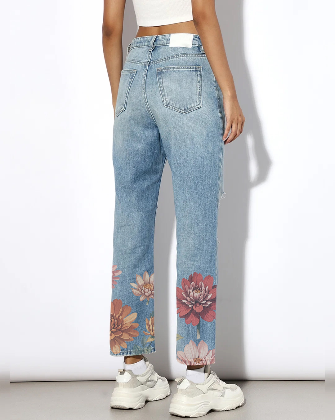 Light Blue Distressed Floral Print Jeans