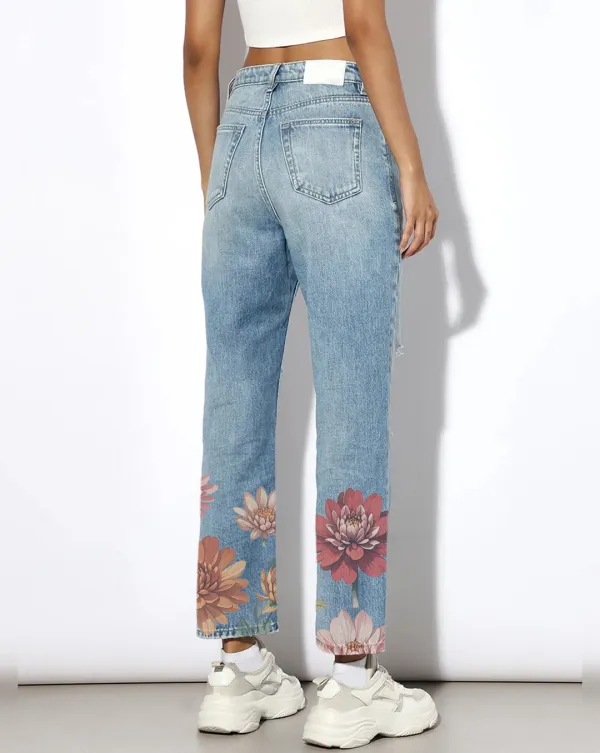 Light Blue Distressed Floral Print Jeans