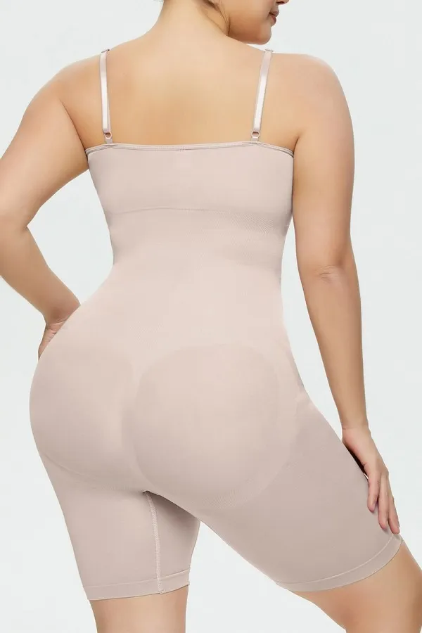 Beige Scoop Neck Wrap Mid-Thigh Bodysuit