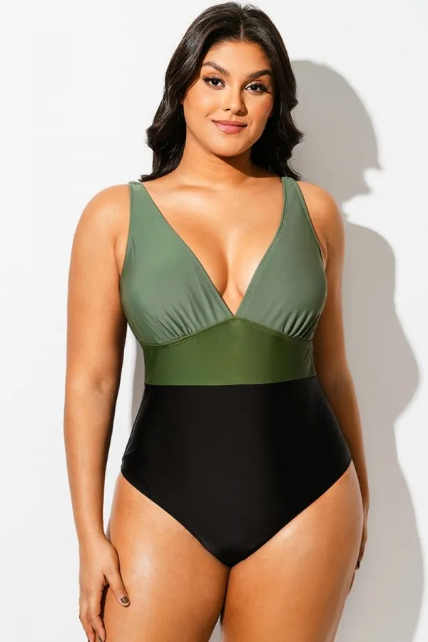 Green Colorblock V-Neck One Piece Swimsuit