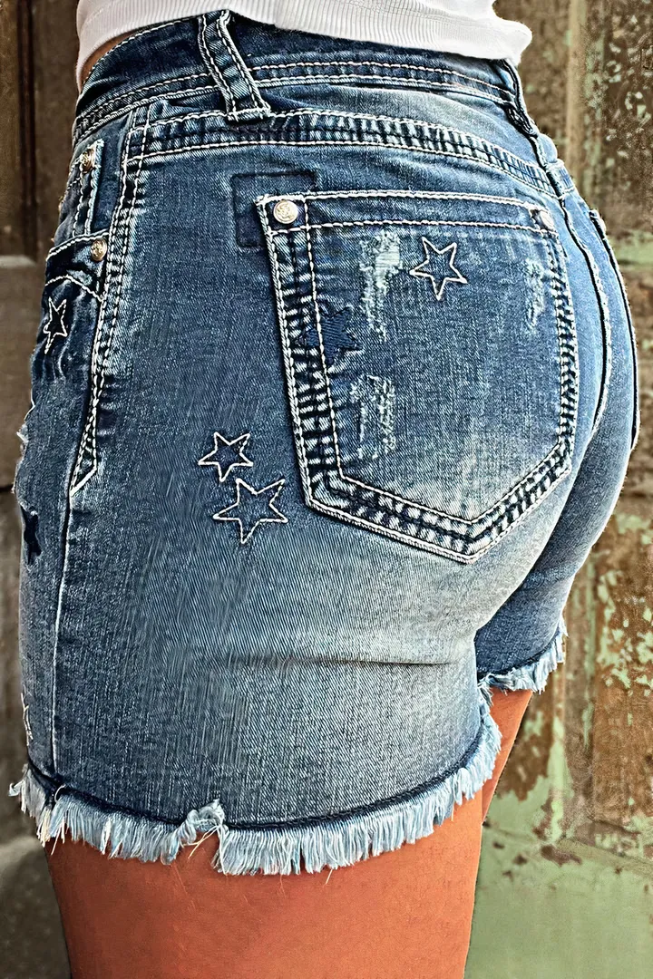 Star Pattern Ripped Raw Hem Mid Rise Denim Shorts