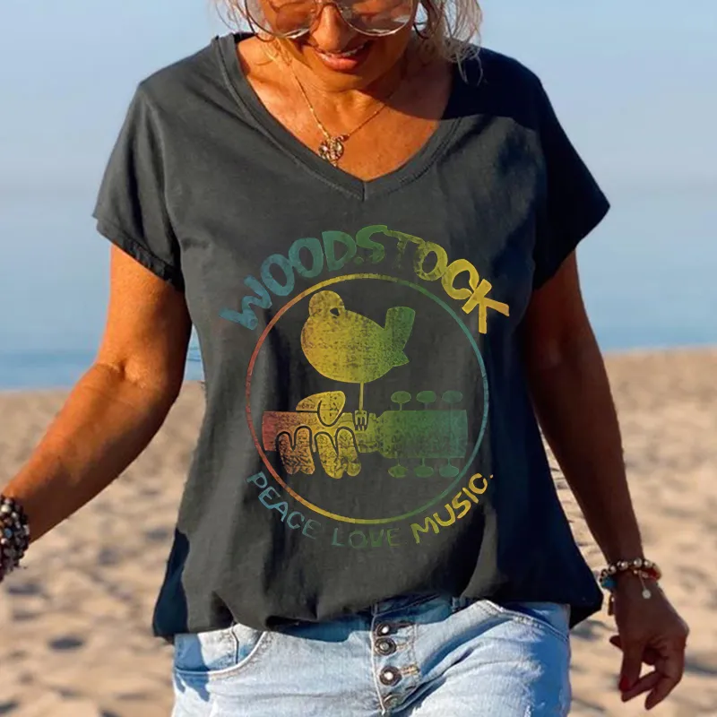 Woodstock Peace Love Music Bird And Guitar Design Women Tees