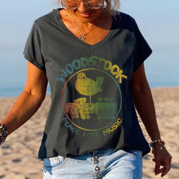 Woodstock Peace Love Music Bird And Guitar Design Women Tees