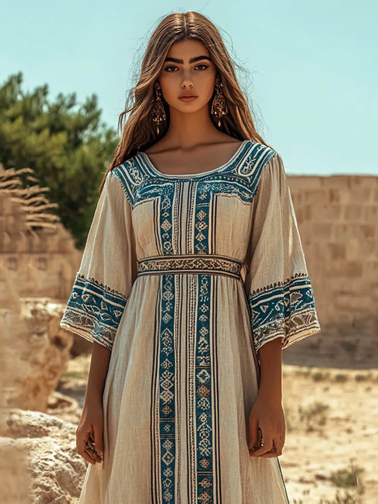 Retro Classic Greek Ethnic Graphics Crew Neck Linen Blend Maxi Dress