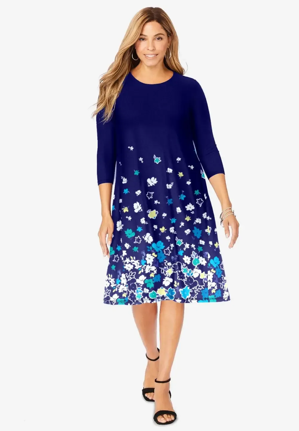 Stretch Knit Three-Quarter Sleeve T-shirt Dress