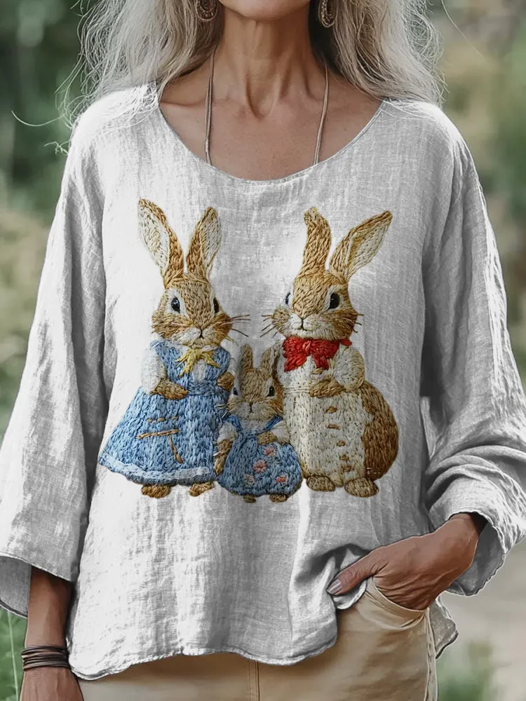 Bunny Family Animal Embroidery Women's Linen Loose Shirt
