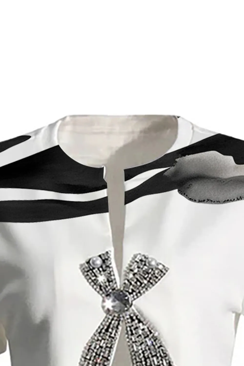 Sparkly Crew Neck Split Crystal Bow Embellished Short Sleeve Crop T Shirt