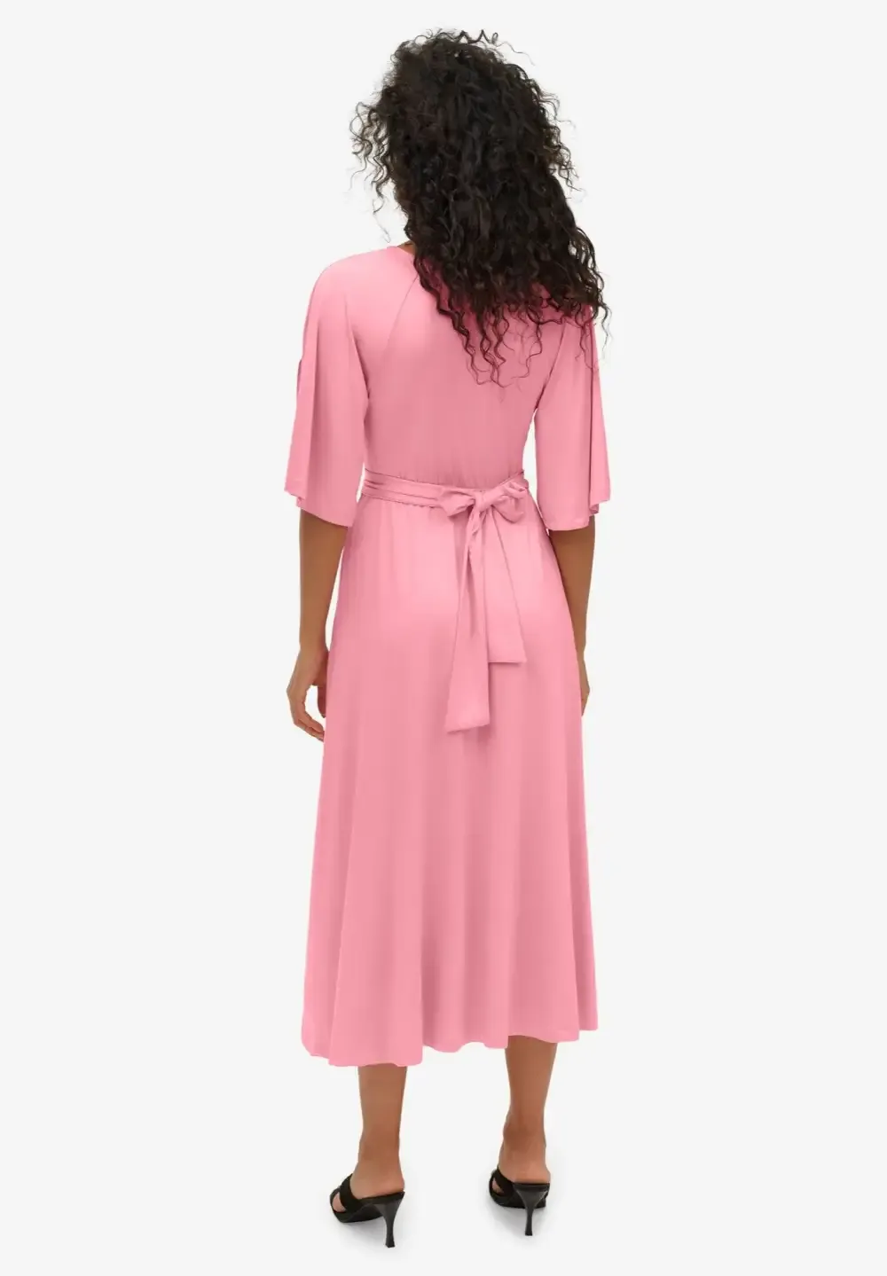 Knit Midi Dress With Surplice Neckline & Waist Tie