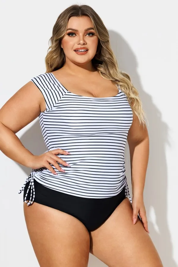 Black & White Stripes Tie Side Tankini Top