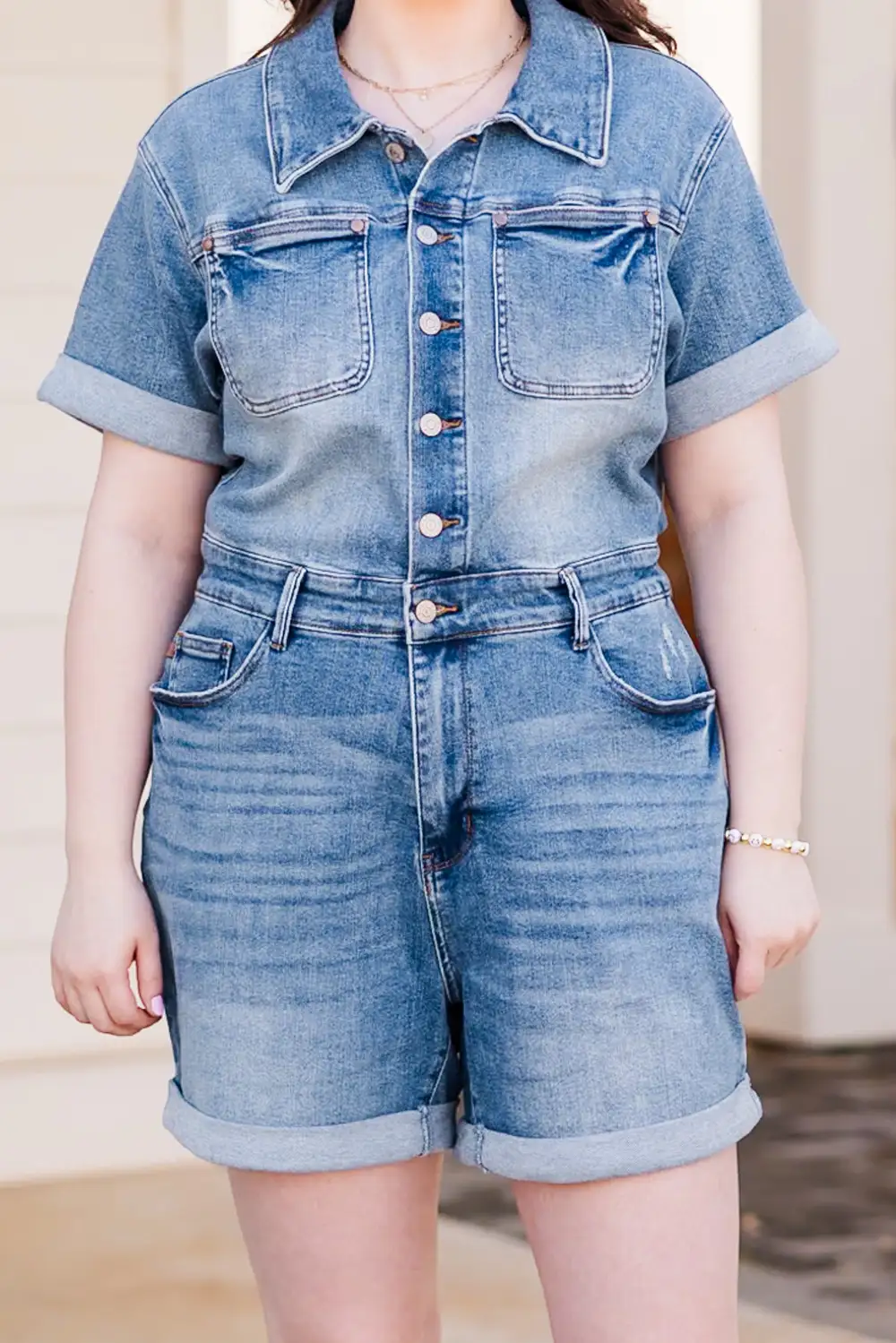 Judy Blue: Out And About Romper, Medium Wash