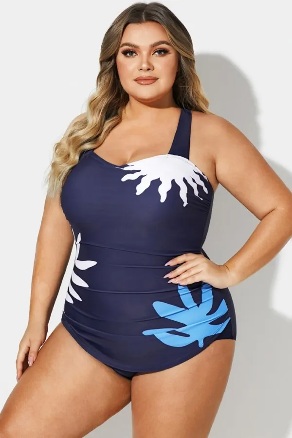 Navy H-Back Sarong Front One Piece Swimsuit