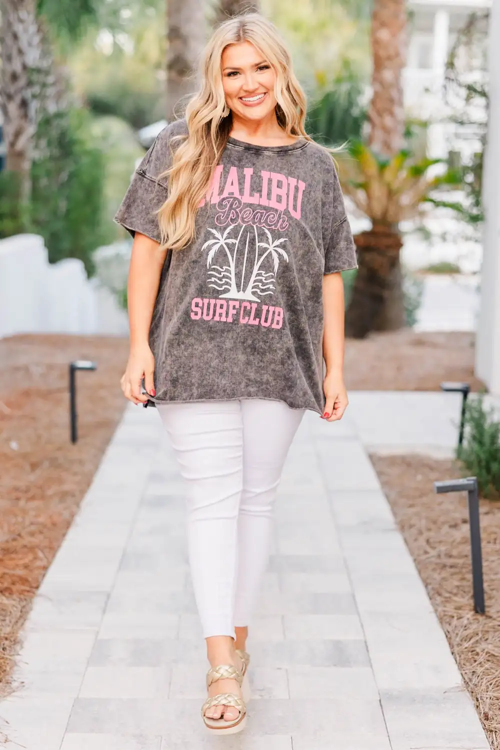 Malibu Surf Club Distressed Boyfriend Tee, Ash Black