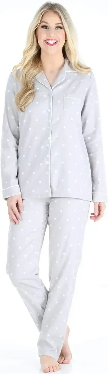 Women's Cotton Flannel Long Sleeve Button-Down Pajamas PJ Set