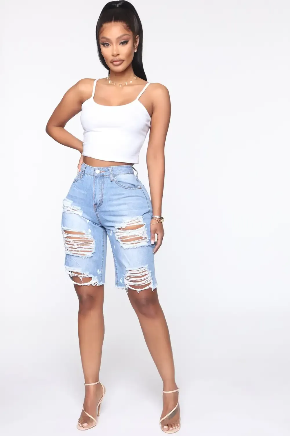 Victory Is Mine Denim Long Line Shorts - Light Blue Wash