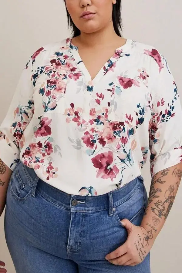 V-Neck Floral Print Pullover 3/4 Sleeve Blouse