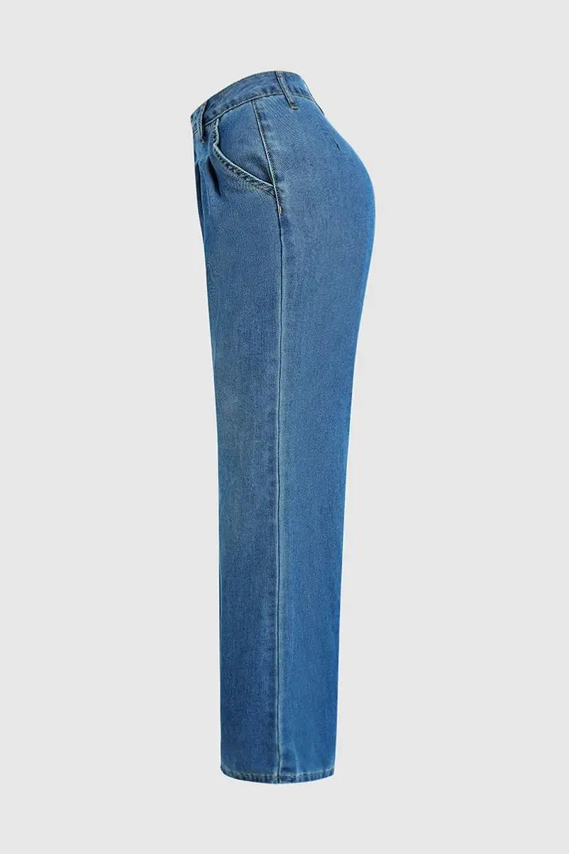 Wash Pleated Detail Wide Leg High Rise Jeans
