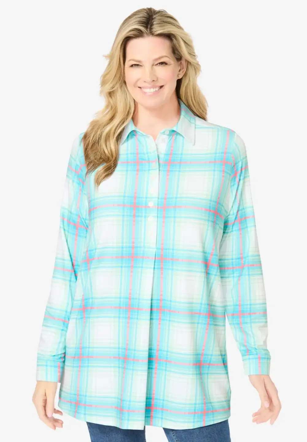 Plaid Knit Tunic With Collar