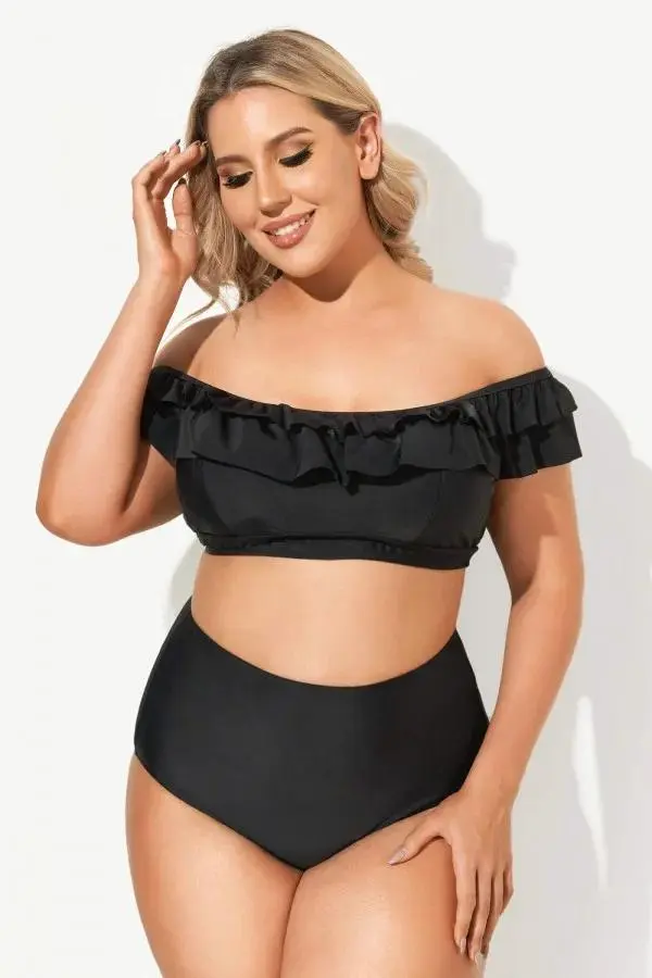 Plain Black Off-the-Shoulder Bikini Set with Ruffle