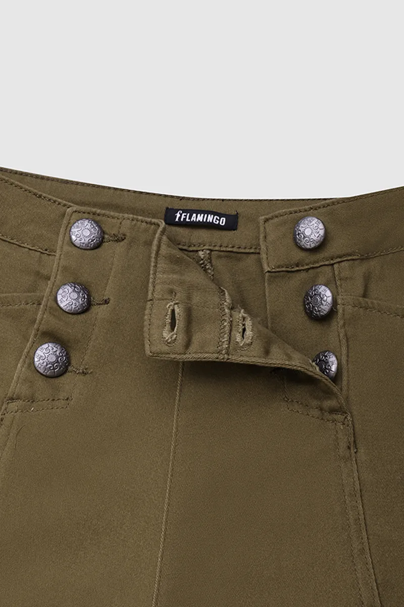 Solid Double Breasted Split Hem High Waist Denim Shorts