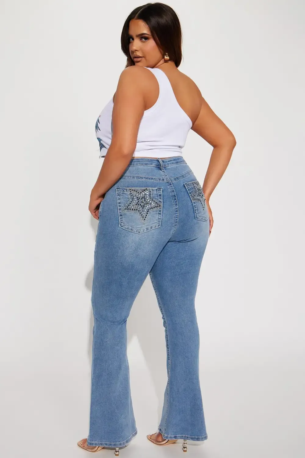 Wish On A Star Embellished Stretch Flare Jean - Light Wash