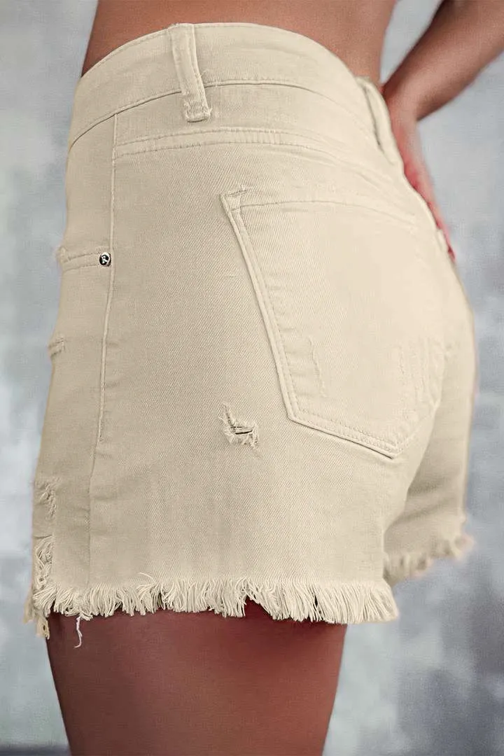 Solid Ripped Raw Hem Button Fly Mid Rise Denim Shorts