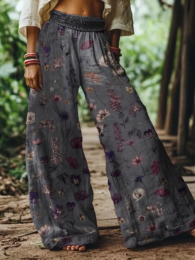 Vintage Bohemia Floral Pattern Women's Linen Blend Casual Pants