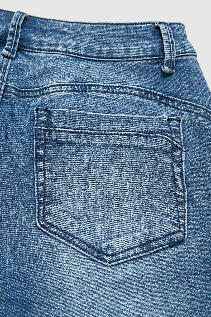 Button Side Raw Hem High Waist Skinny Jeans