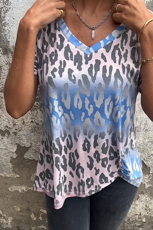 Women's Leopard print gradient V-neck strap casual T-shirt