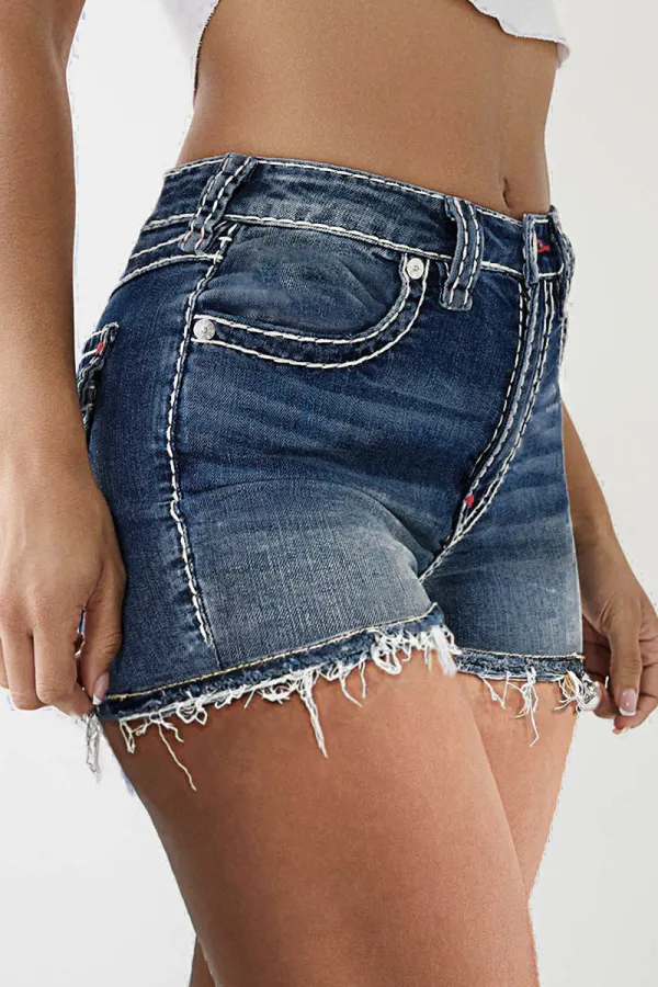Stitch Pocket Raw Hem Mid Waist Denim Shorts