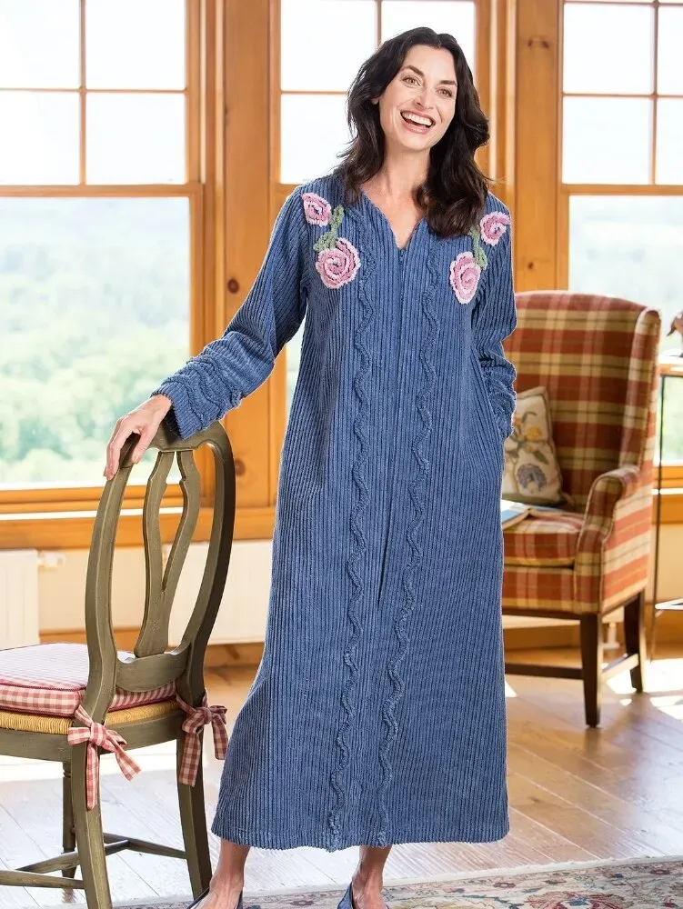Women's Chenille Blossom 3/4 Zip-Front Robe
