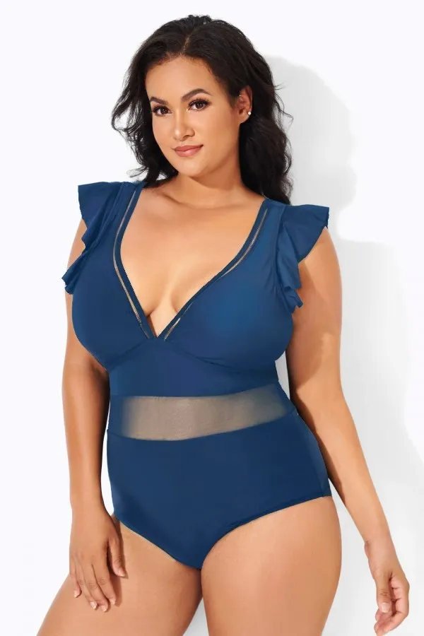 Black Ruffle Plunge V Neck One Piece Swimsuit