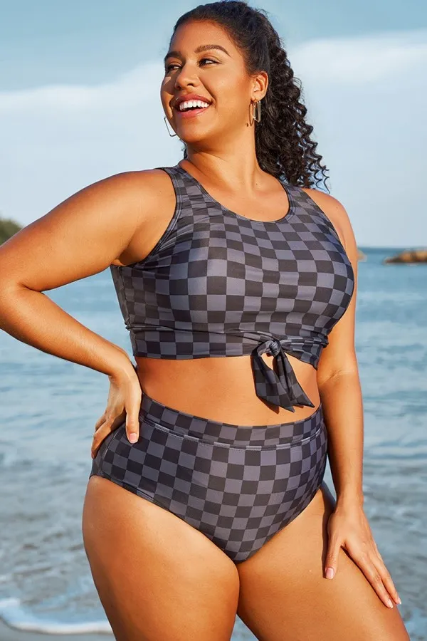 Black Grey Check Knotted Crop Bikini Top