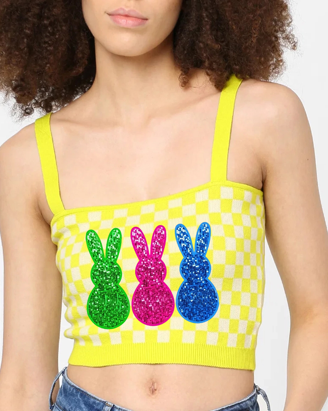 Yellow Checkered Bunny Print Knit Cropped Top