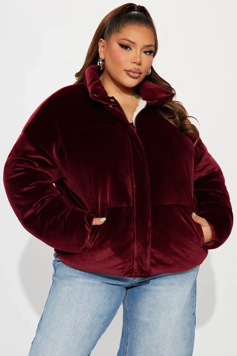 Cici Velvet Puffer Jacket - Burgundy