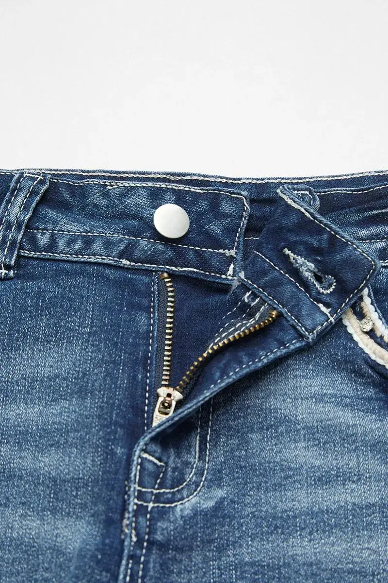 Bull & Floral Embroidered Raw Hem Mid Rise Denim Shorts