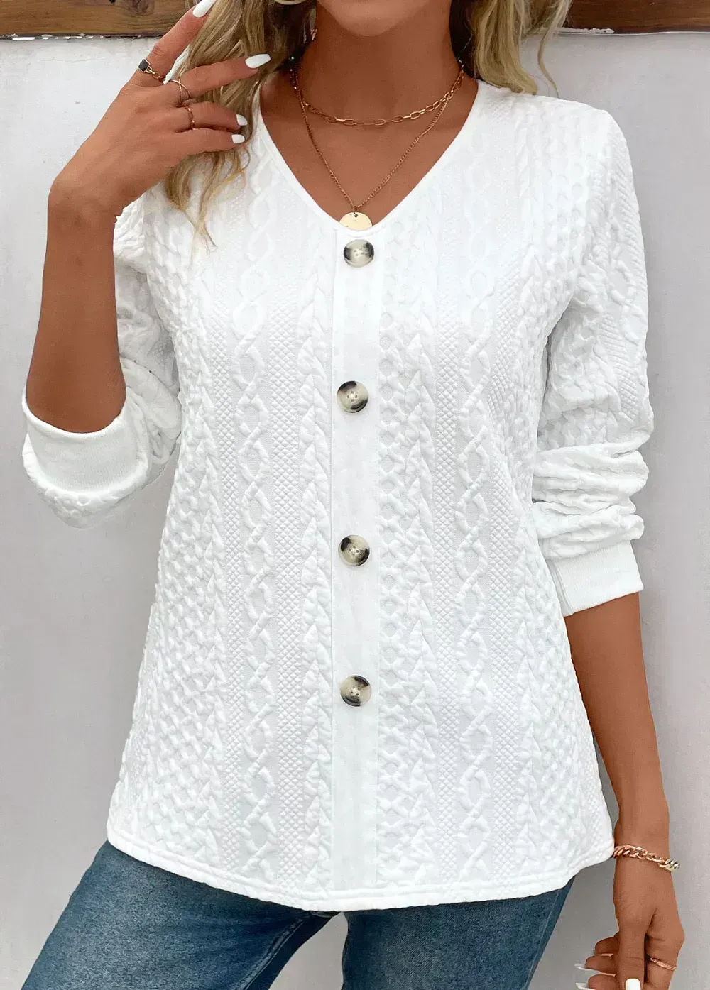 White Button Long Sleeve V Neck Sweatshirt
