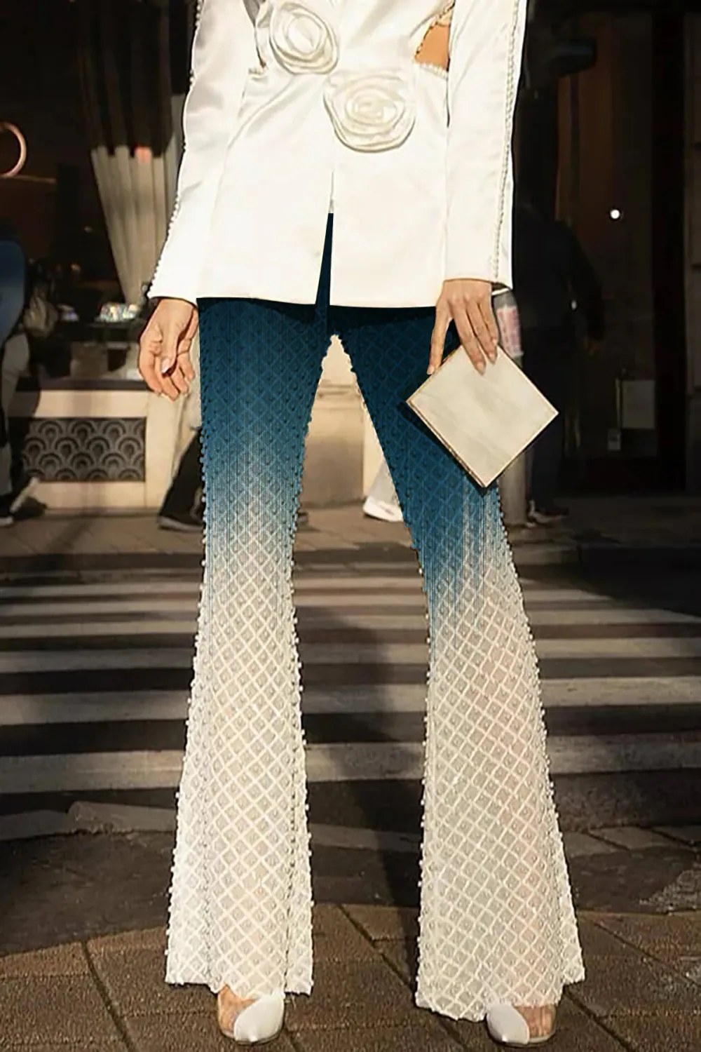 Sexy Faux Pearl High Waist Flared Leg Sheer Mesh Sequin Party Pants