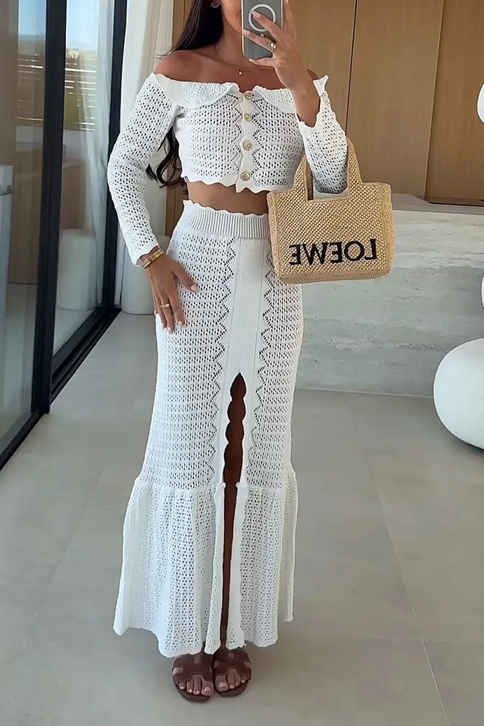 Women'S Fashion Hollow Stretch Knit Top And Skirt Two-Piece Set
