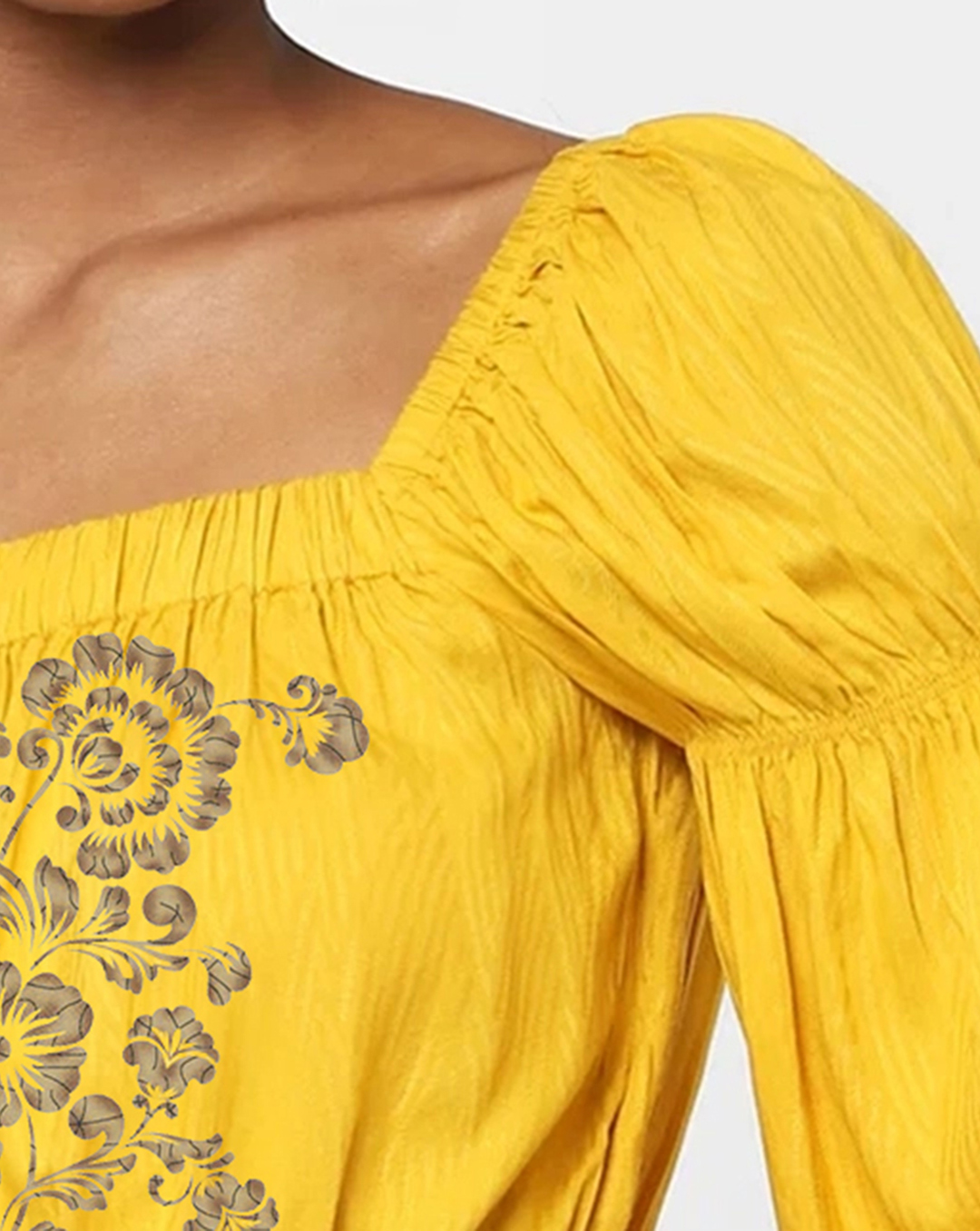 Yellow Smocked Square Neck Cropped Top