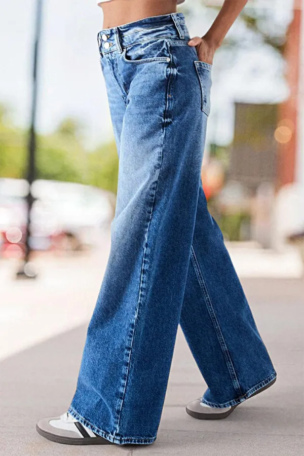 Double Button Wash High Waist Straight Leg Jeans