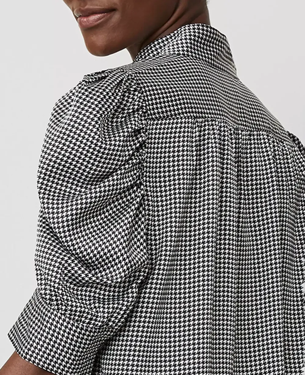 Houndstooth Shirred Puff Sleeve Top