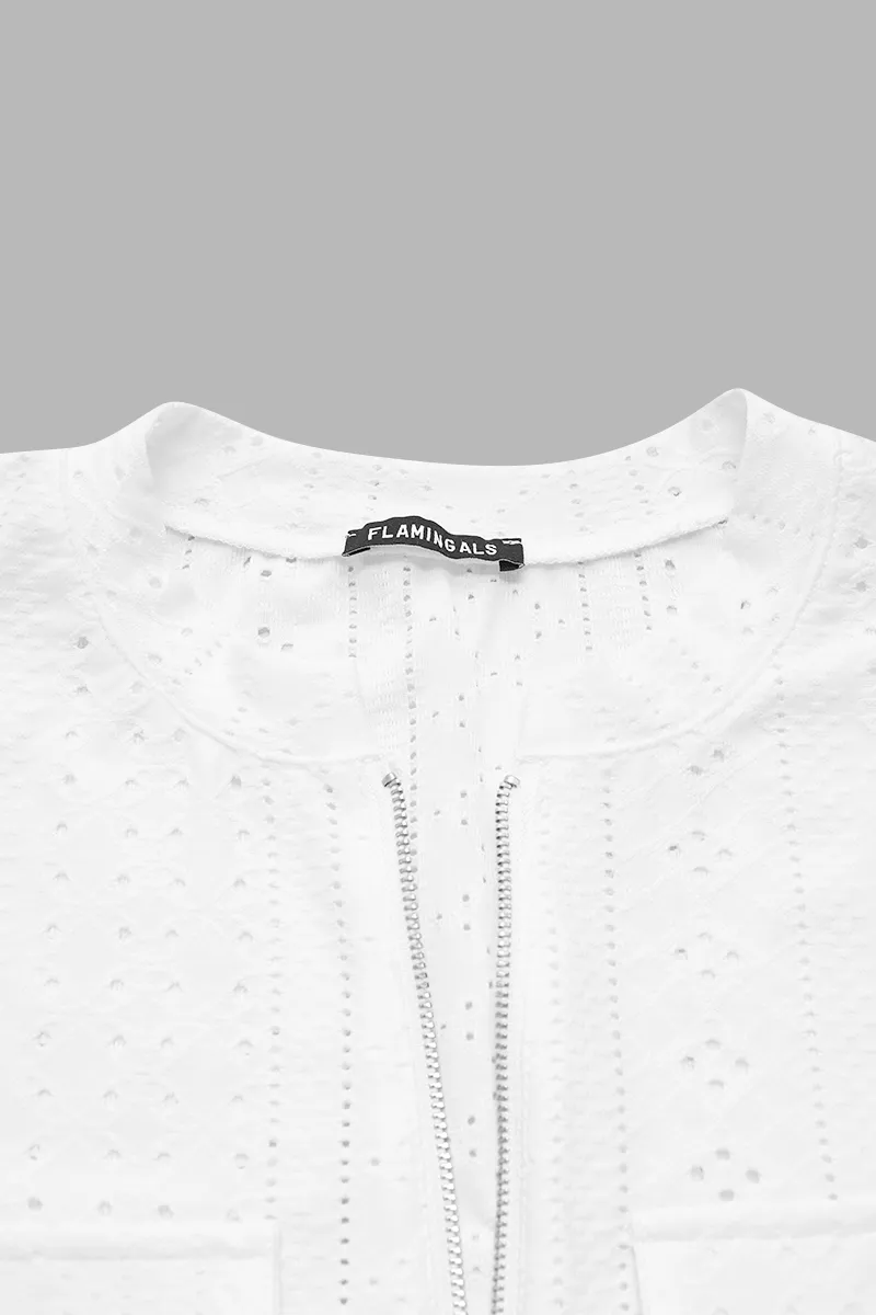 Eyelet Embroidery Flap Decor Half Zip Tank Top