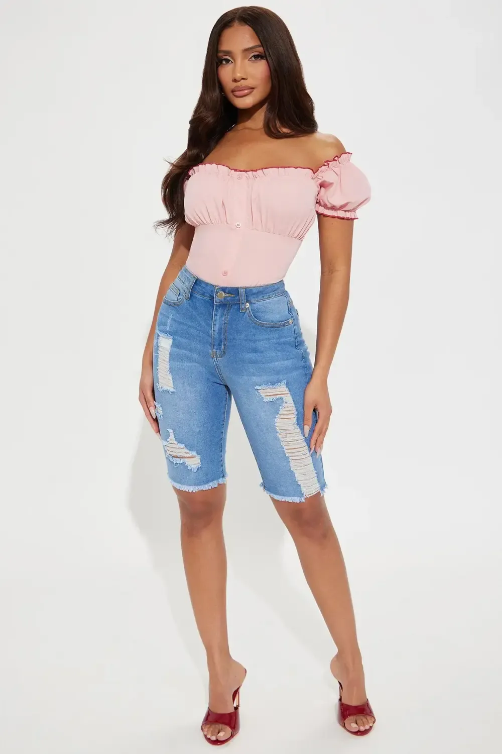 Arielle High Rise Bermuda Denim Shorts - Medium Wash