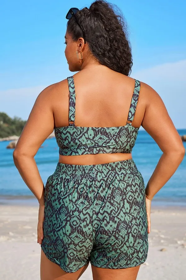 Green Ikat Print Wide Strap Women Bikini Top