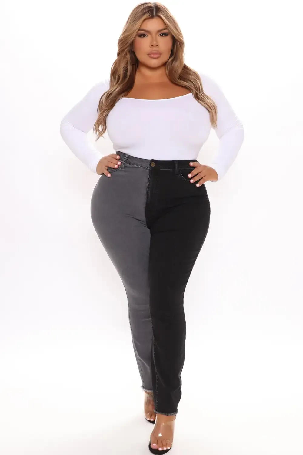 Half And Half Contrast High Rise Skinny Jeans - Black/Grey