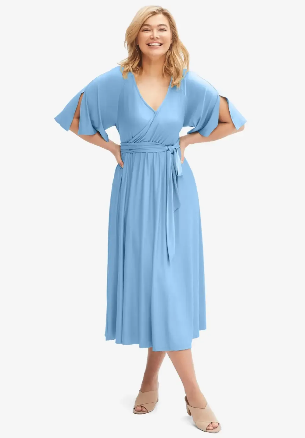 Knit Midi Dress With Surplice Neckline & Waist Tie
