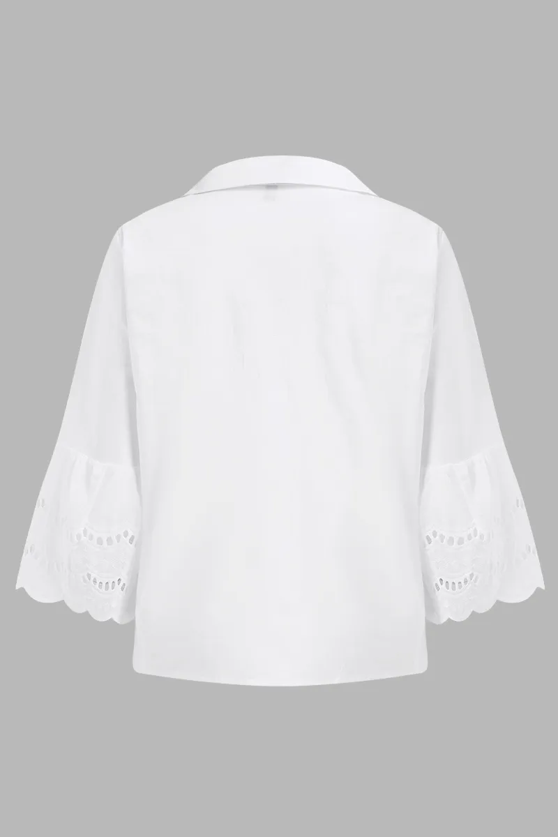 Solid Eyelet Embroidery Scallop Trim Bell Sleeve Shirt
