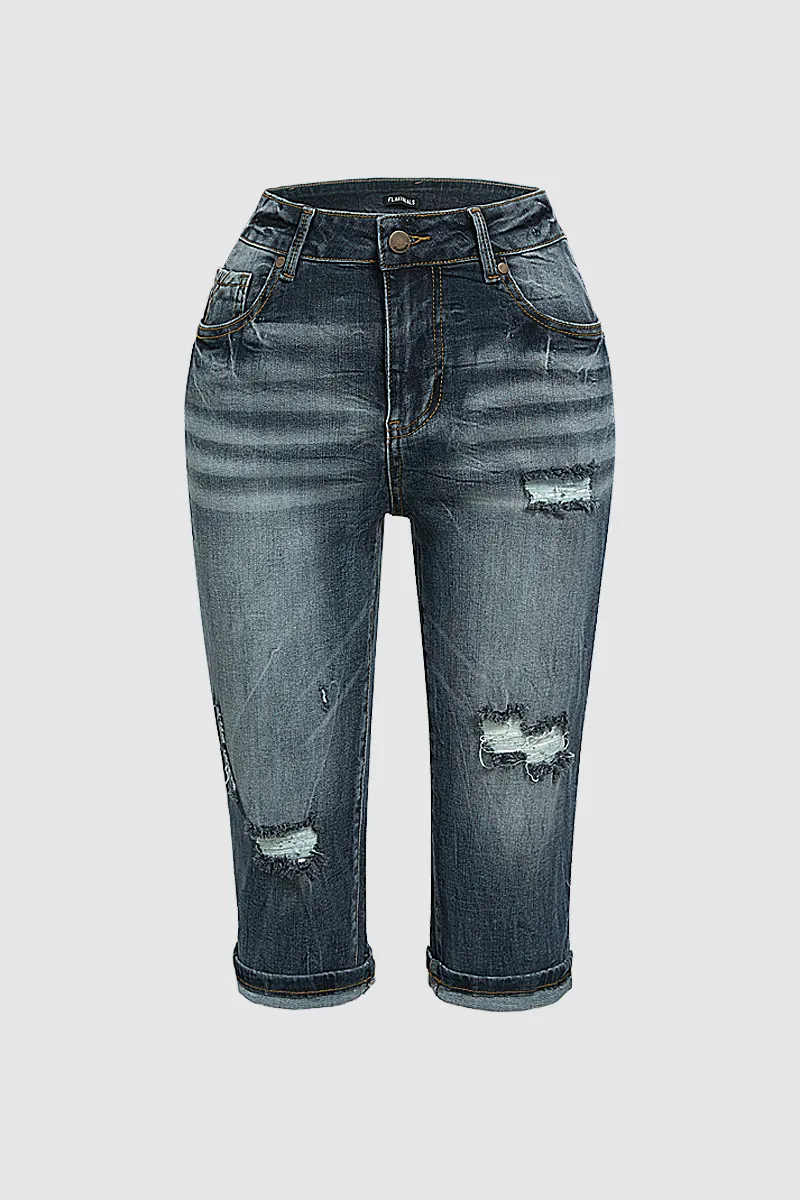 Ripped Wash Roll Hem High Waist Capri Jeans