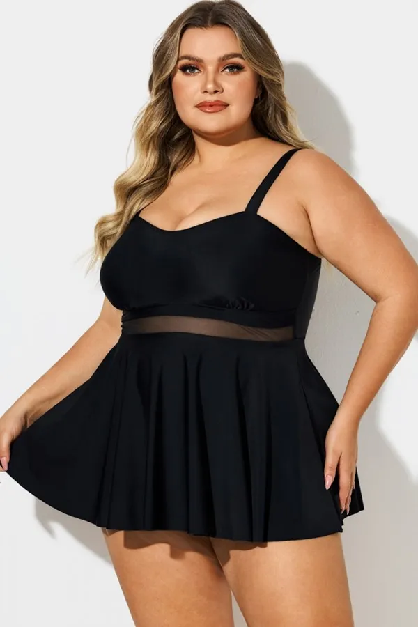 Plus Size Black Contrast Mesh Sweetheart Neck Swimdress